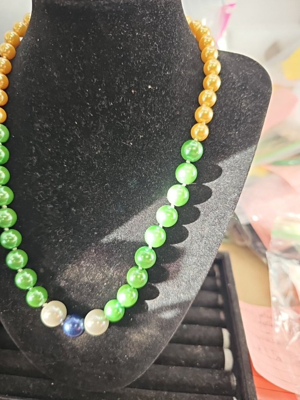 Necklace Faux Pearls Green Cream White Blue 16" Inch